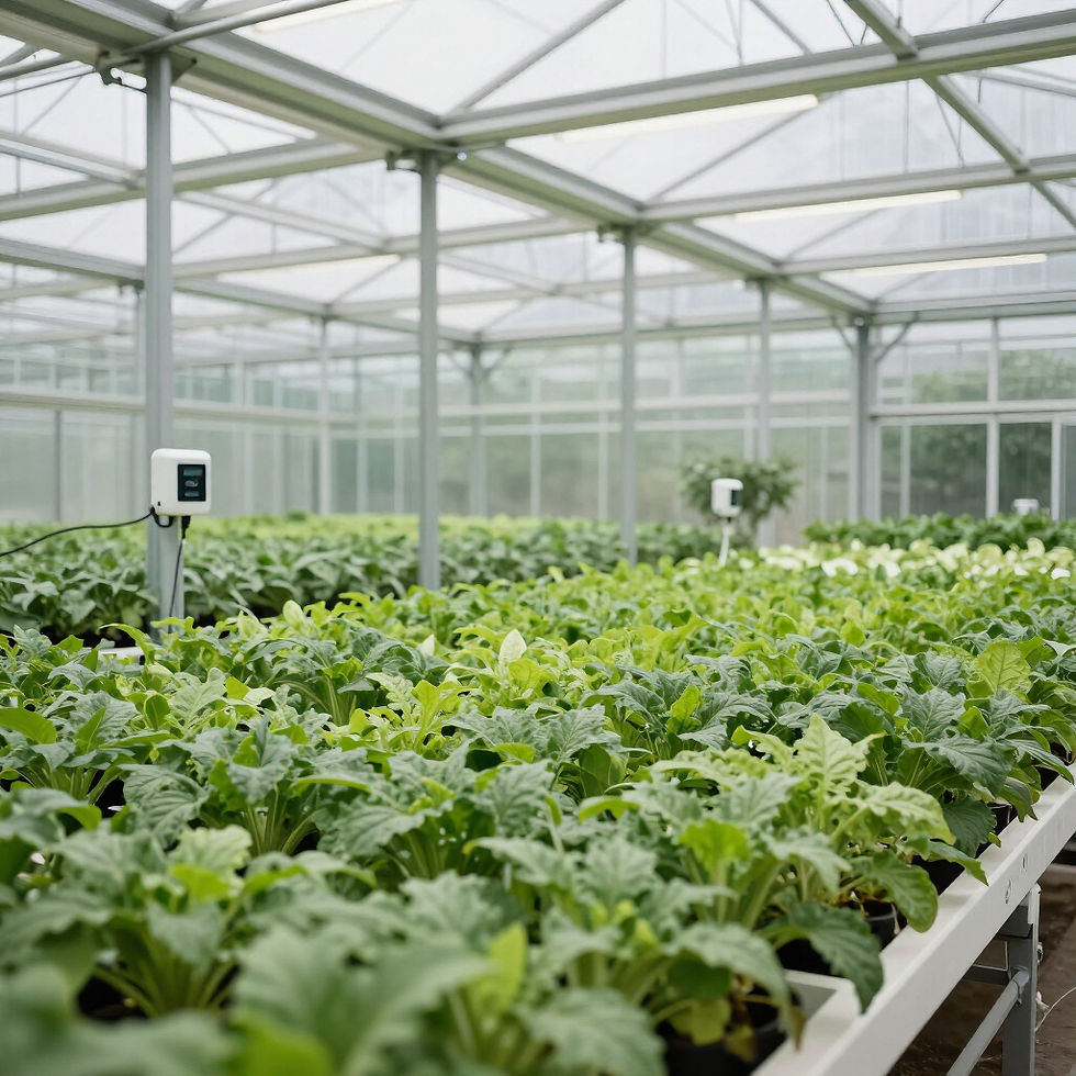 Rows of green plants in a modern agribusiness greenhouse