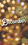 Christmas lights in the background. A sprig of fir tree off to the side. The words "December" centered in the frame.