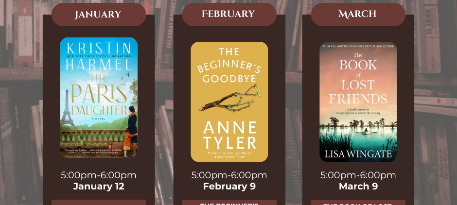 A faded book shelf. Over it sits the three dates for upcoming book club meetings with the covers for each book to be discussed at the meetings. 