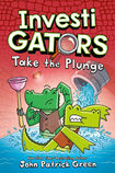 Two alligators are wading through the sewers. One holds a toilet plunger.