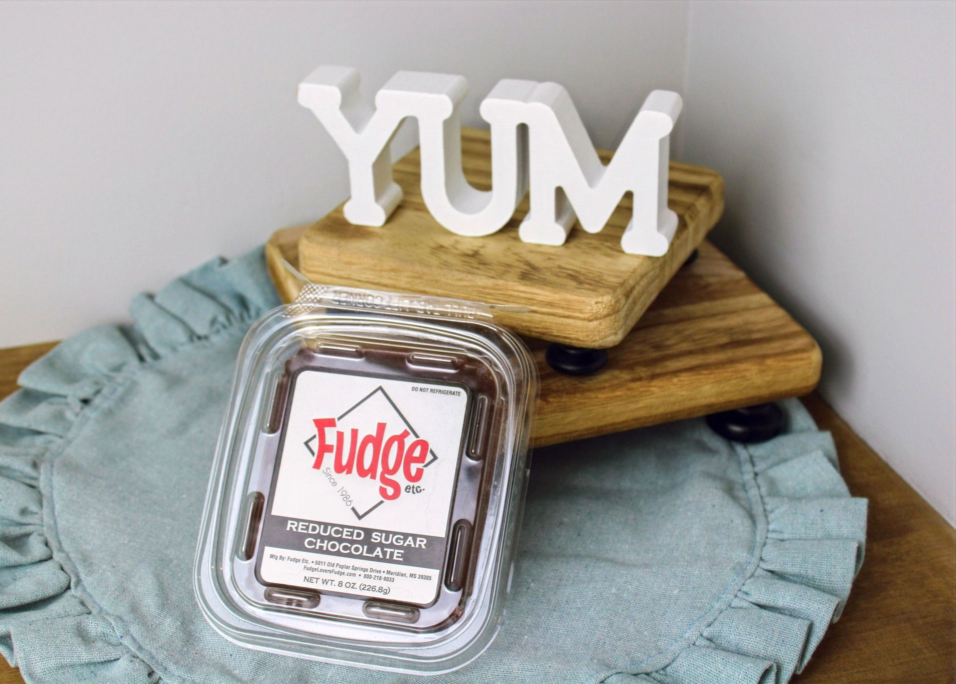 YUM Wooden Word with Resealable Tub of Reduced Sugar Chocolate Fudge