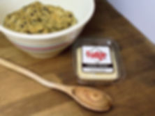 Vintage bowl of Chocolate Chip Cookie Dough, Wooden Spoon, and Tub of Cookie Dough Fudge