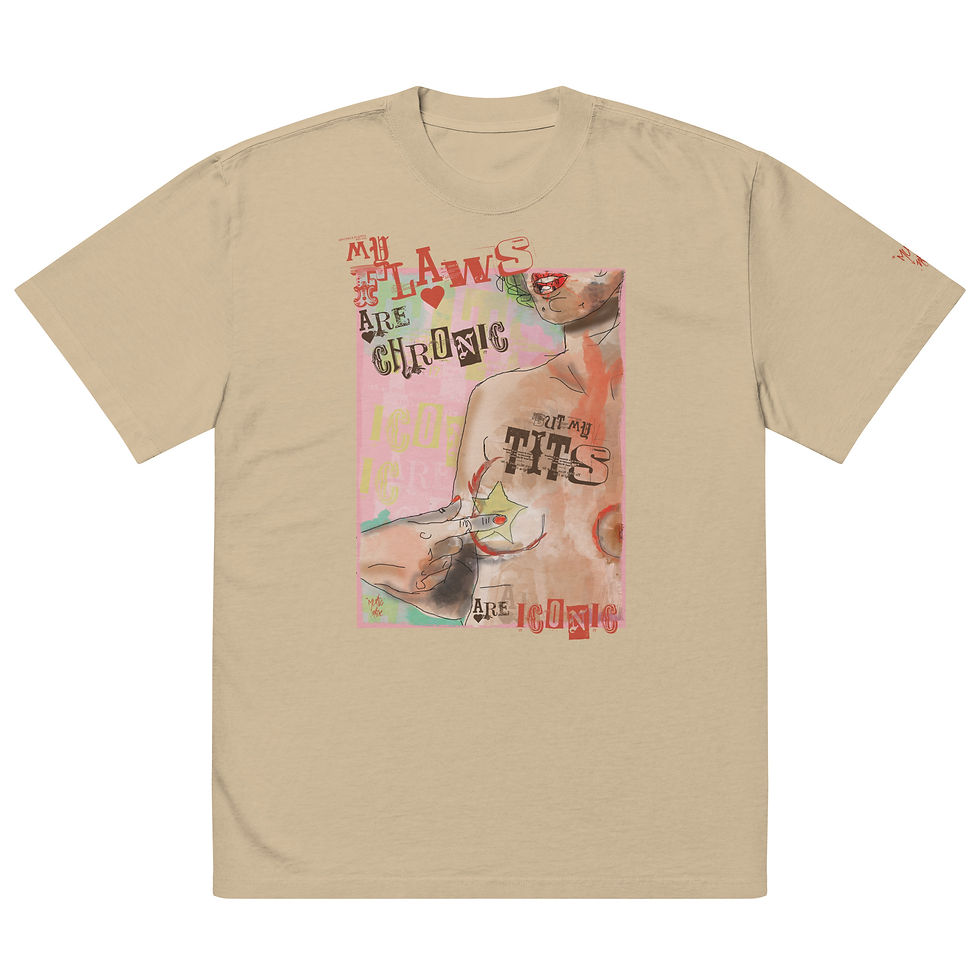Thumbnail: Oversized  Faded Heavy Weight Cotton T-shirt  "Flaws&Tits"