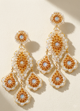Beaded chandelier earrings in gold and white