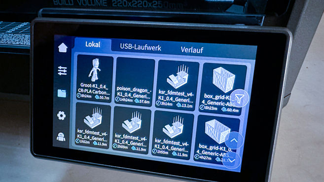 Auswahlmenü Druckdateien - Lokal/Auf dem Drucker gespeicherte Dateien; USB/ Auf dem USB-Stick; Verlauf/ Vergangene Druckaufträge