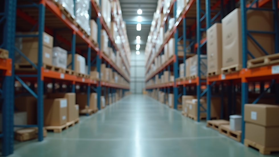 Eye-level view of a logistics warehouse with organized shelves