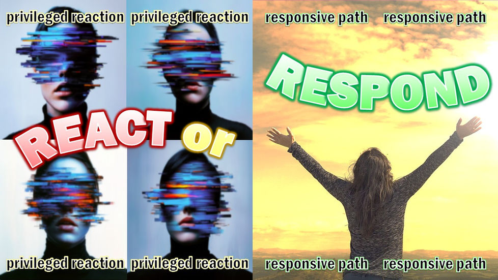 Split collage of glitchy faces labeled privileged reaction and a woman raising arms at sunset labeled responsive path, REACT or RESPOND.