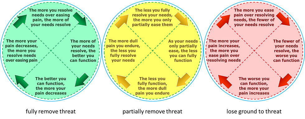 Three colored circular charts compare pain, needs, and function with arrows and text on easing vs resolving needs