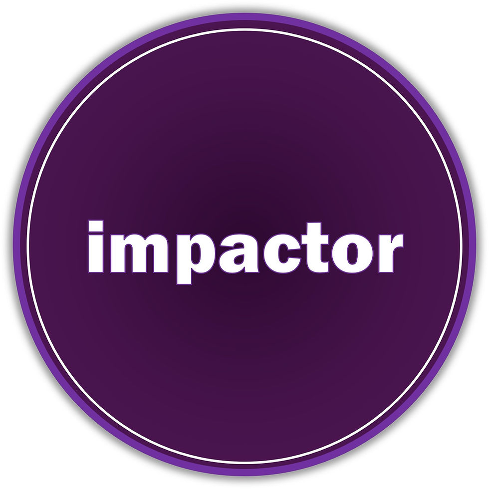 Purple circular logo with white text impactor centered on a dark purple background, outlined in white and violet.