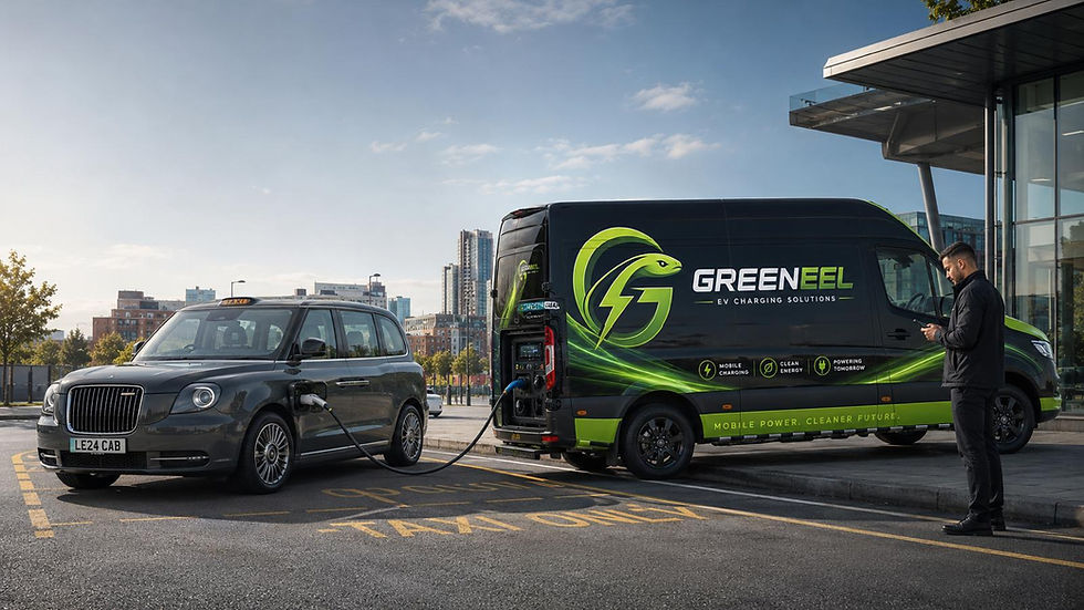 Branded GreenEel EV charging van parked next to a taxi being charged