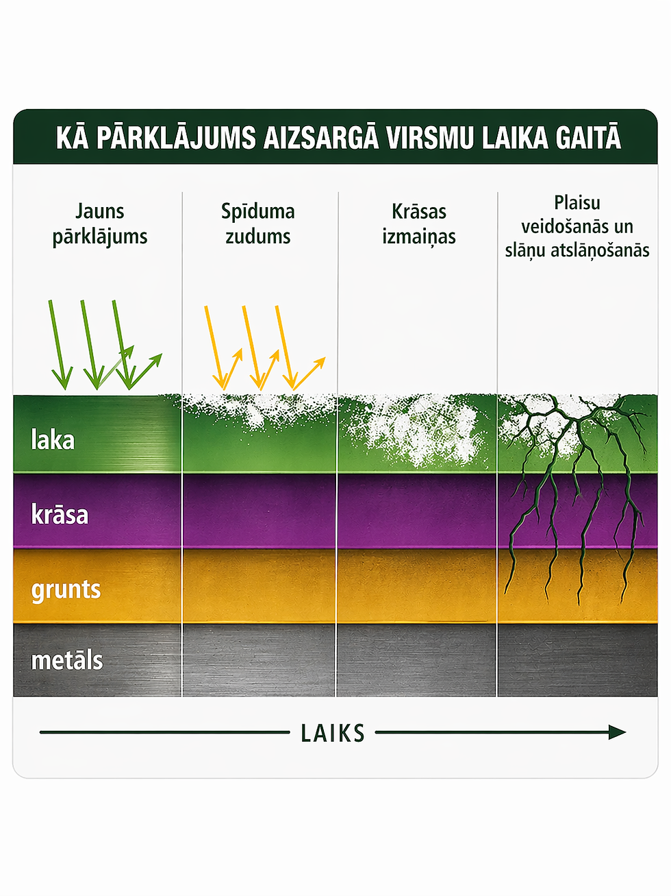 Diagramma ar četriem posmiem: Jauns pārklājums, spīduma zudums, krāsas izmaiņas, plaisu veidošanās. Krāsas: zaļa, violeta, dzeltena, pelēka.