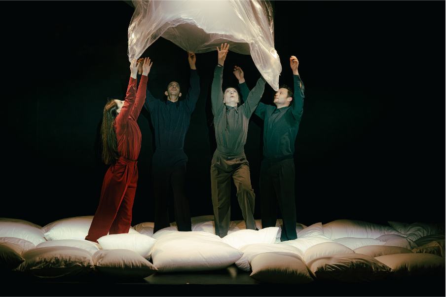 TAM cast members creating movement with the ripples of a large sheet: Snezhina Petrova, Yavor Valkanov, Kaloyan Trifonov, and Vasileva Kaneva. Photo: Petko Mavrodiev.