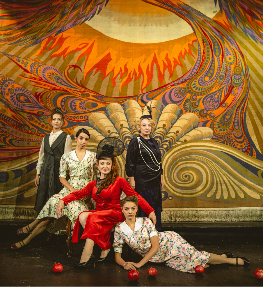 Theatre’s set design by Chavdar Gyuzelev and costumes by Tsetska Ivaylova. Boyka Velkova, director and actress (in the leading role) in red Photo: Petko Mavrodiev
