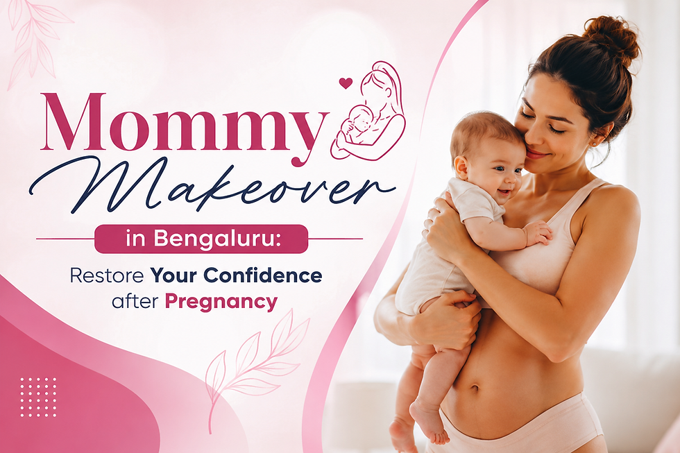 Woman holding a baby, smiling. Text: "Mommy Makeover in Bengaluru: Restore Your Confidence after Pregnancy" on pink, floral background.