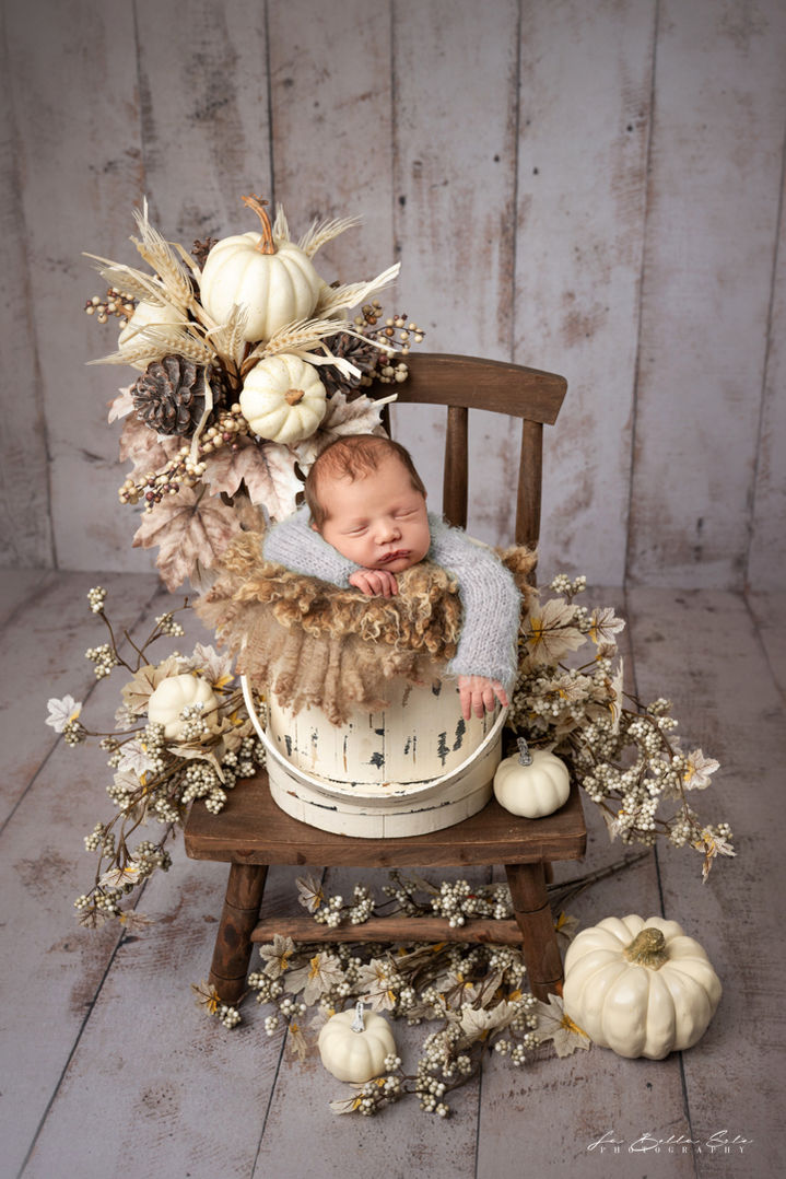 Sleeping newborn portrait in a seasonal studio setup with pumpkins at La Bella Sole Photography