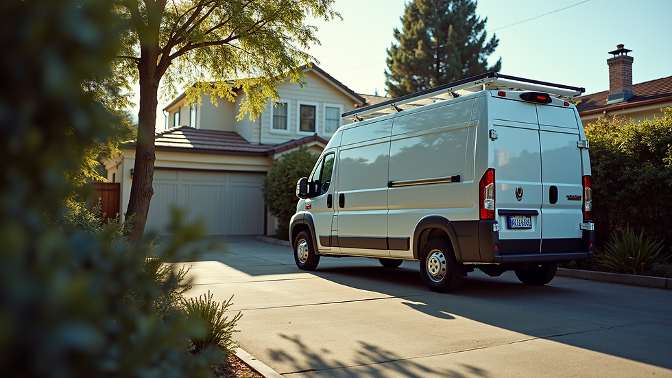 High angle view of a mobile car wash van parked outside a house
