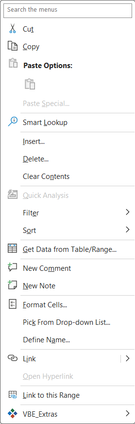 The 'Cell' context menu