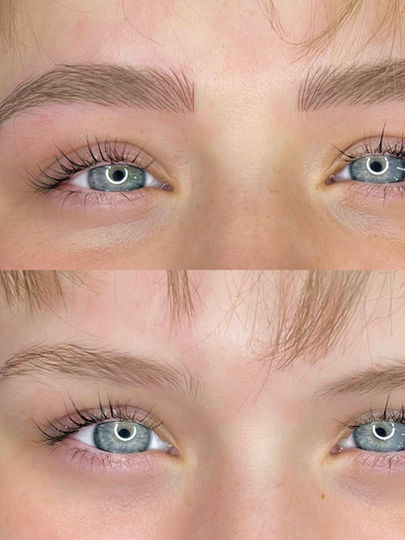 Vorher-Nachher-Augenbrauen nach Microblading bei einer jungen Frau