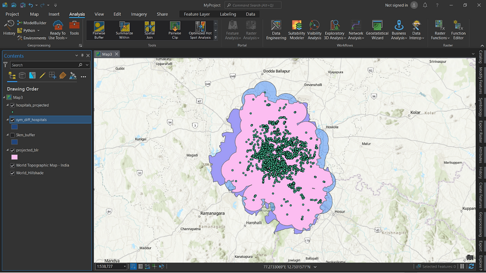 Buffer area shows the area covered by hospitals for emergency situations