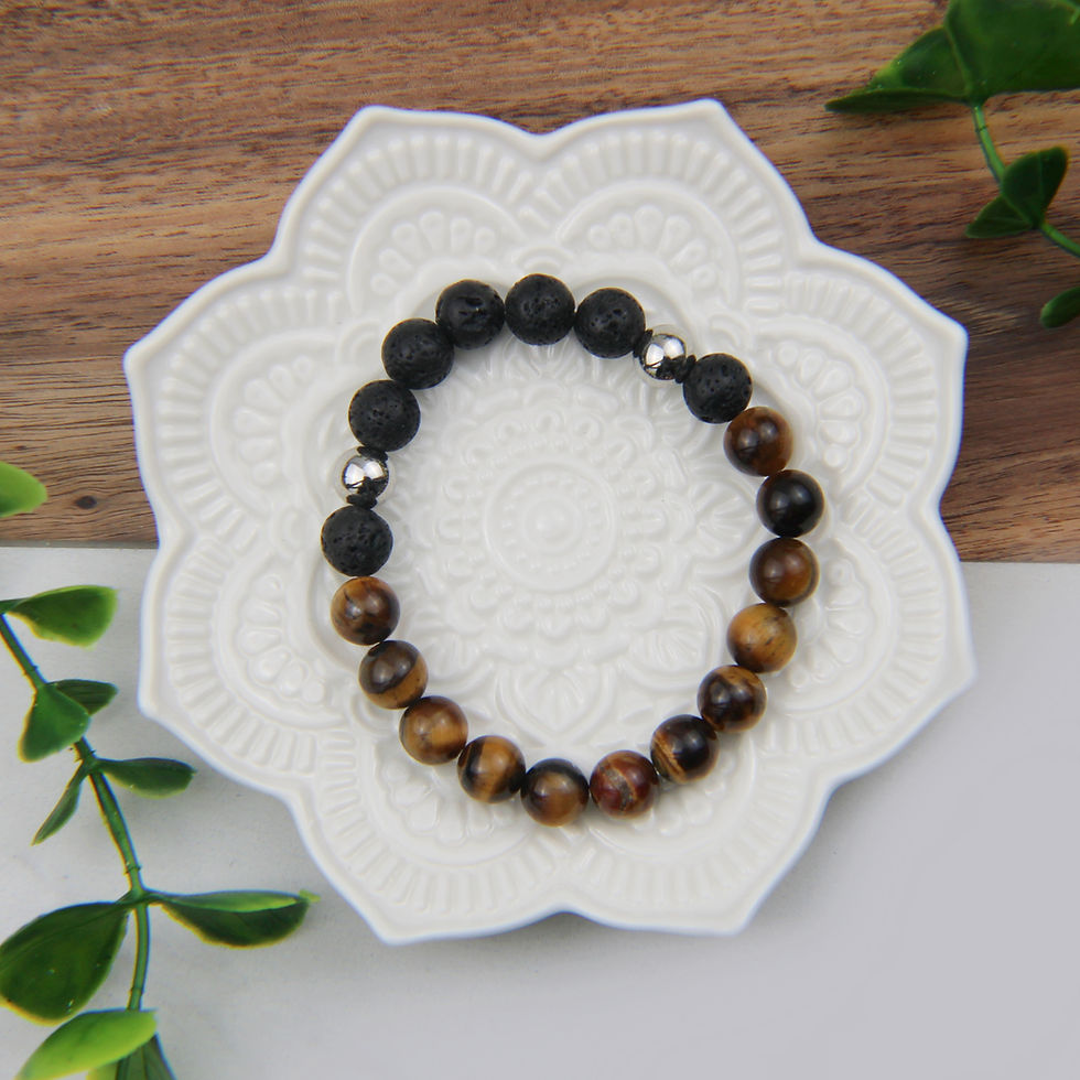 Bracelet Tigraroma en œil de tigre et pierre de lave noire, avec perle en acier inoxydable