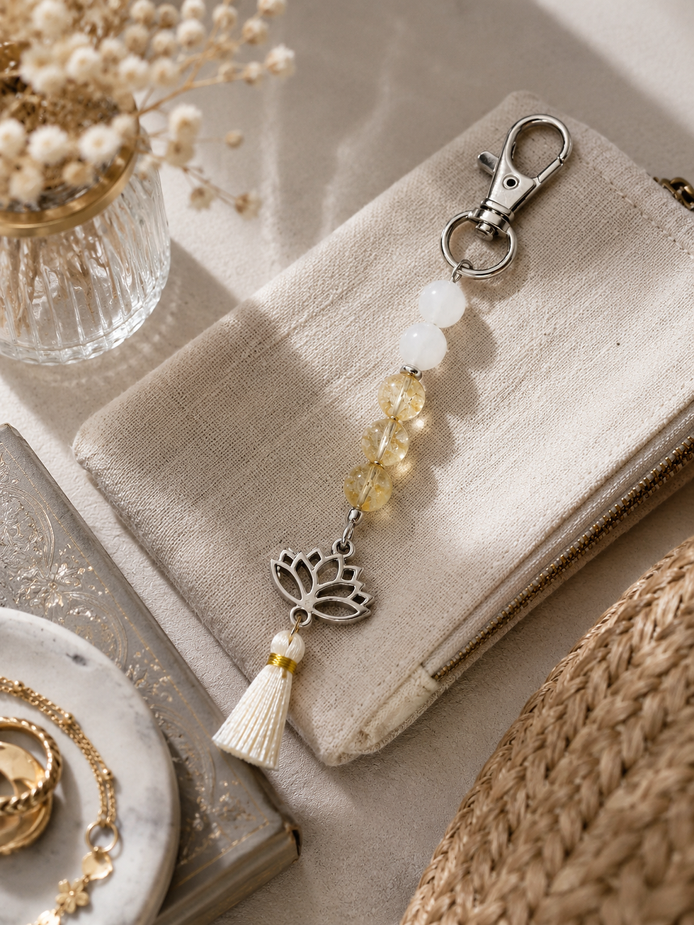 Porte clé Solévia, citrine, quartz et fleur de lotus