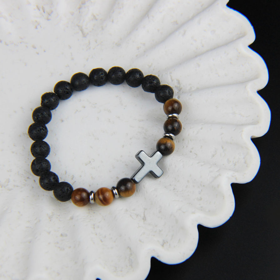Bracelet en pierre de lave noire et œil de tigre, avec croix en hématite noire