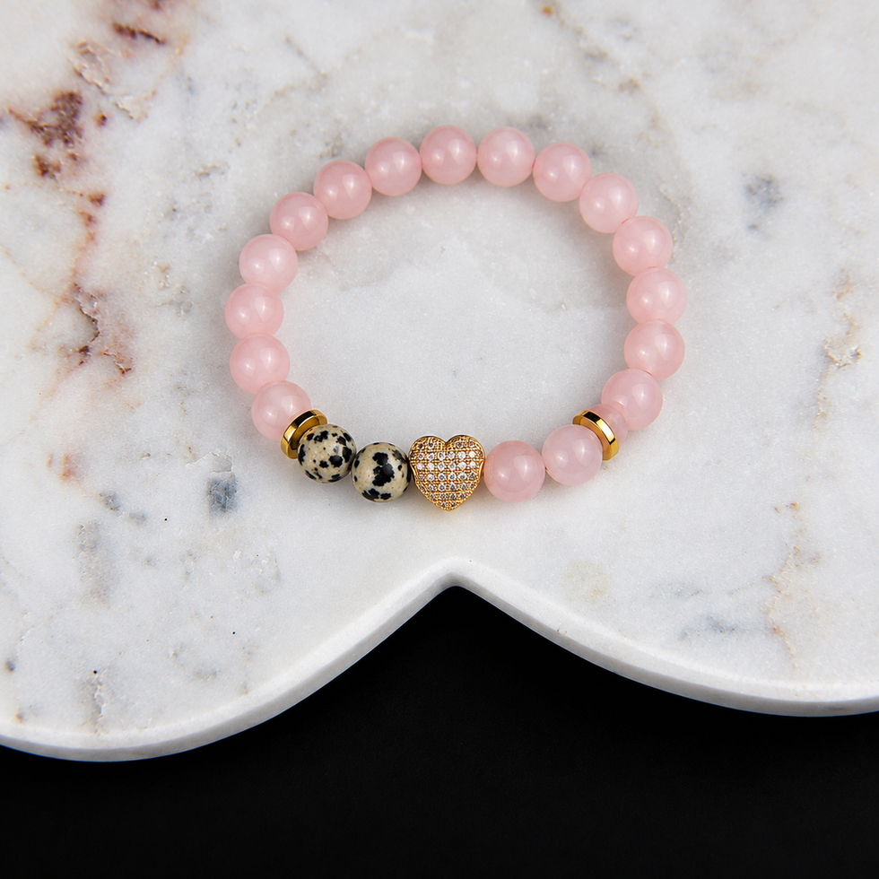 Bracelet Rosée d'amour, Quartz rose et Jaspe dalmatien avec un coeur de Zircone