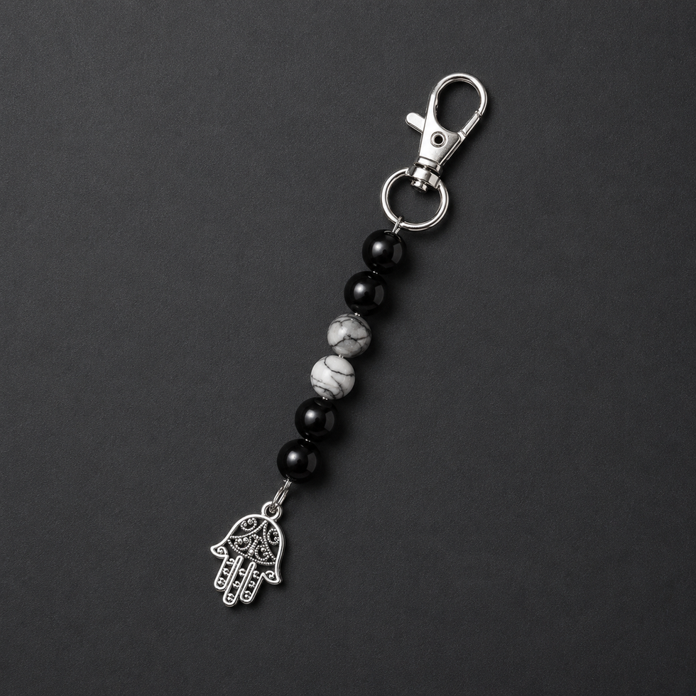 Porte-clés Noxalia, en pierre naturelle, Netstone, Obsidienne et main Hamsa