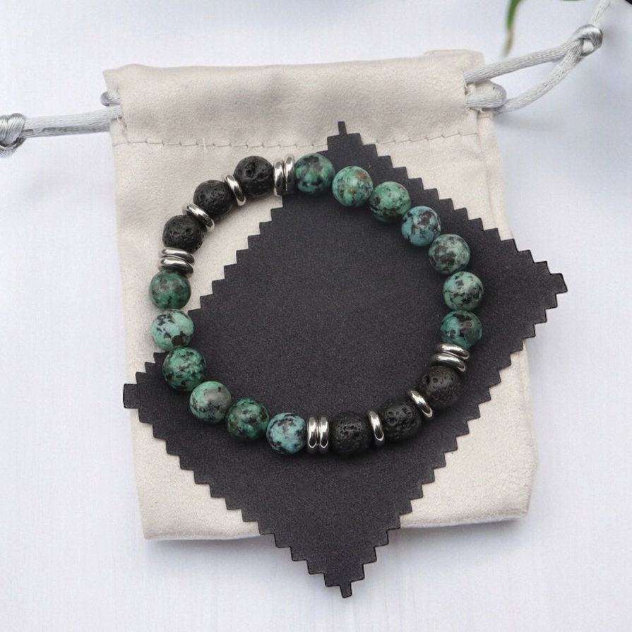 Bracelet Équilibrée en jaspe africain et lave noire, création artisanale bien-être