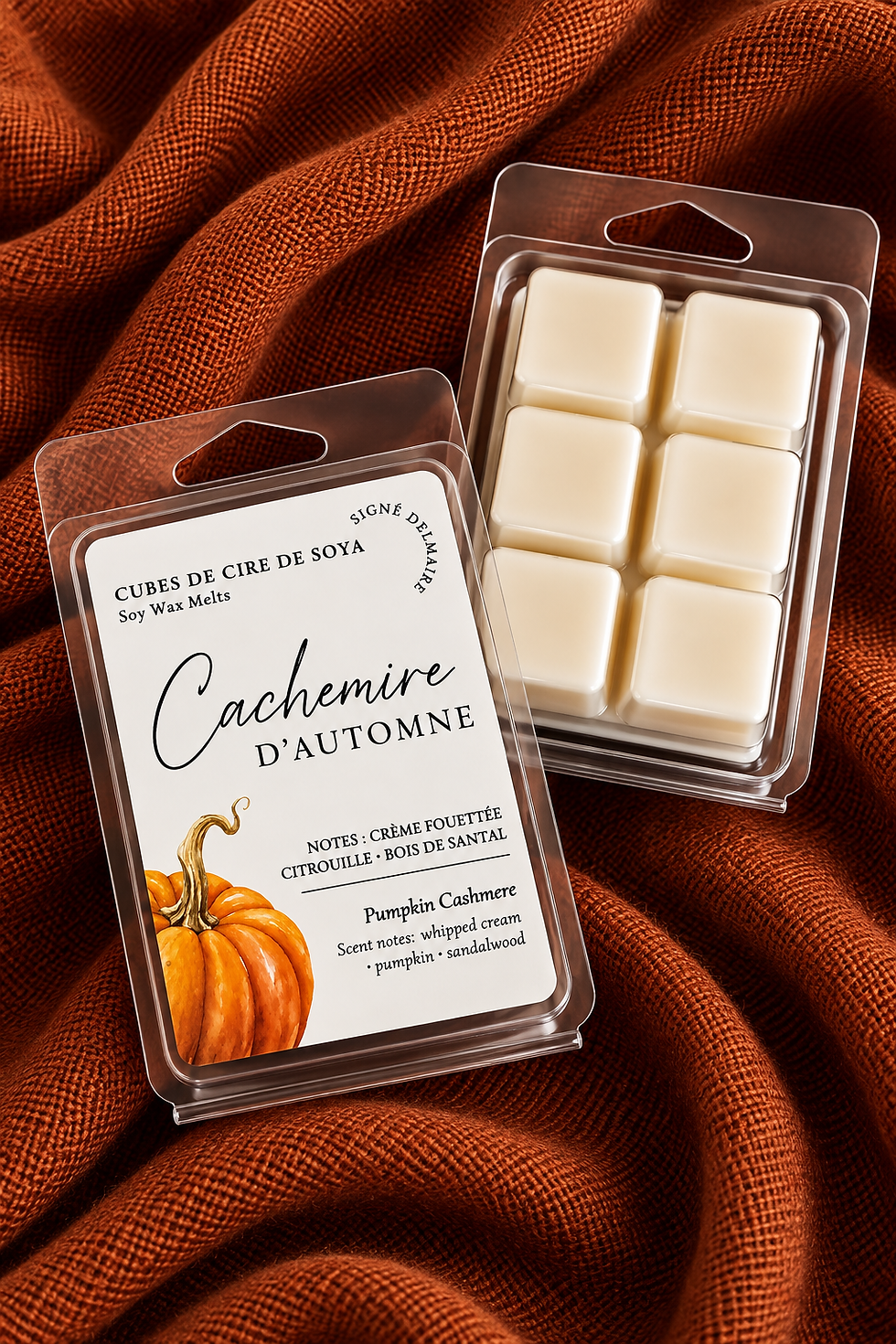 Cachemire d’automne – Cubes de cire de soya Crème fouettée • Citrouille • Bois de santal