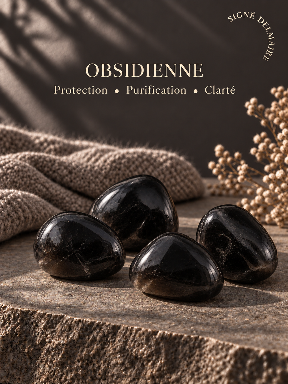 Bougie enrichie de cristaux, Obsidienne, parfum eucalyptus et vanille