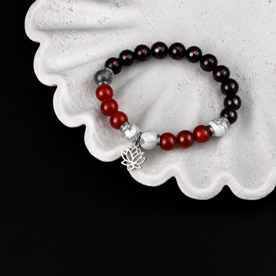 Bracelet en pierre naturelle, cornaline, howlite, grenat