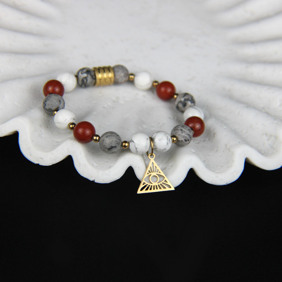 Bracelet en jaspe rouge, jaspe Picasso et howlite avec pendentif œil divin – Signé Delmaire
