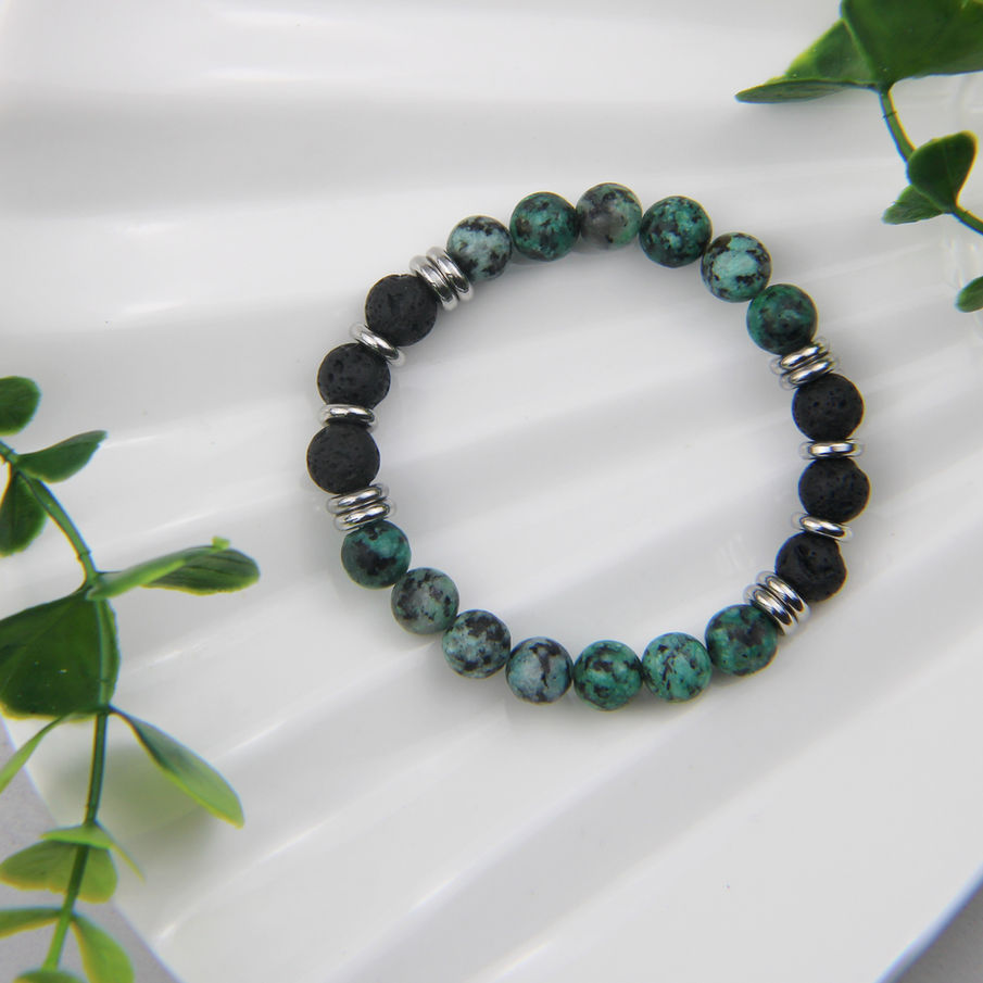 Bracelet Équilibrée en jaspe africain et pierre de lave noire, bijou en pierres naturelles