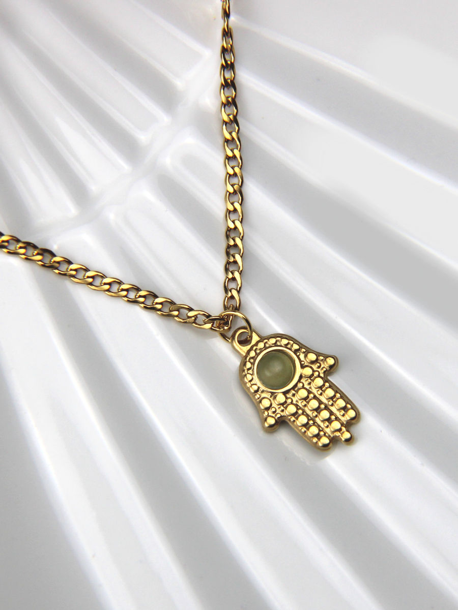 Collier en acier inoxydable, style figaro, avec symbole Khamsa