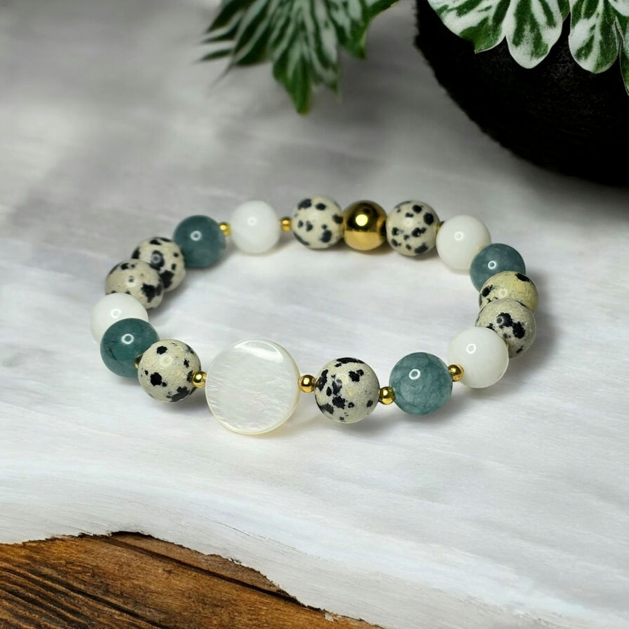 Bracelet Perle d’Océan en aigue-marine et jaspe dalmatien, création artisanale bien-être