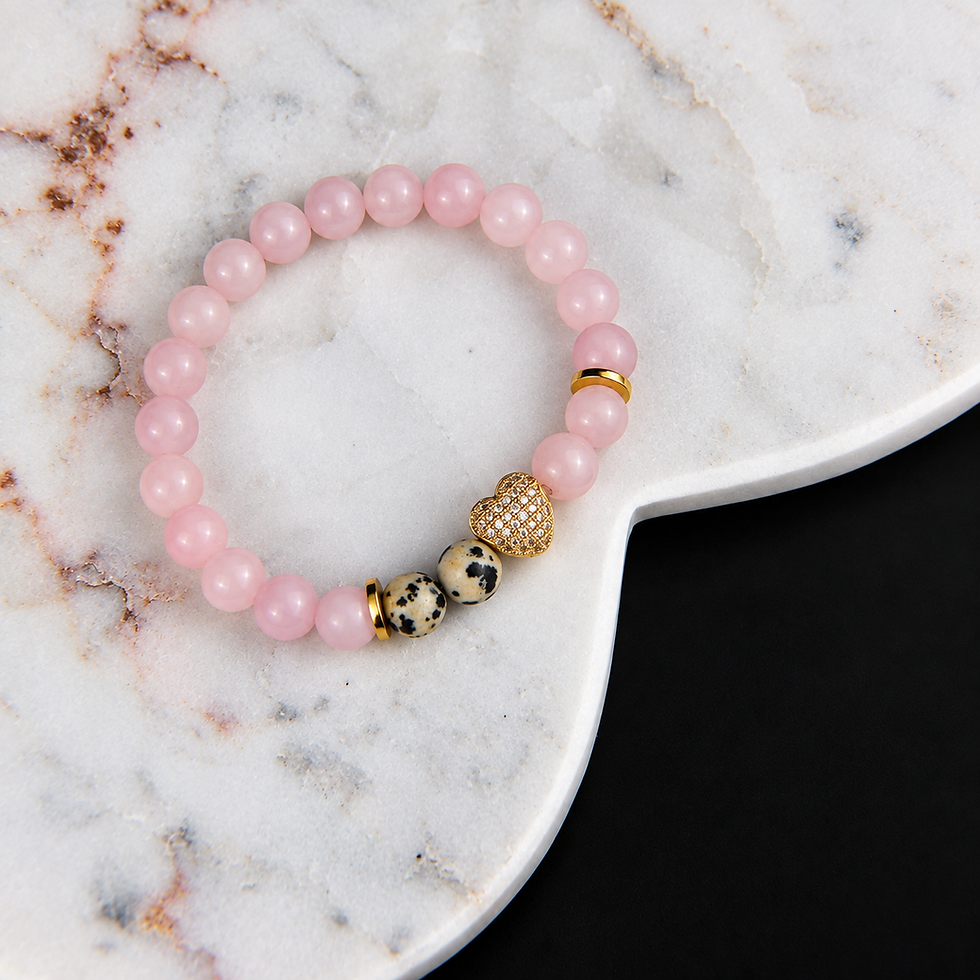 Bracelet Rosée d'amour, Quartz rose et Jaspe dalmatien avec un coeur de Zircone