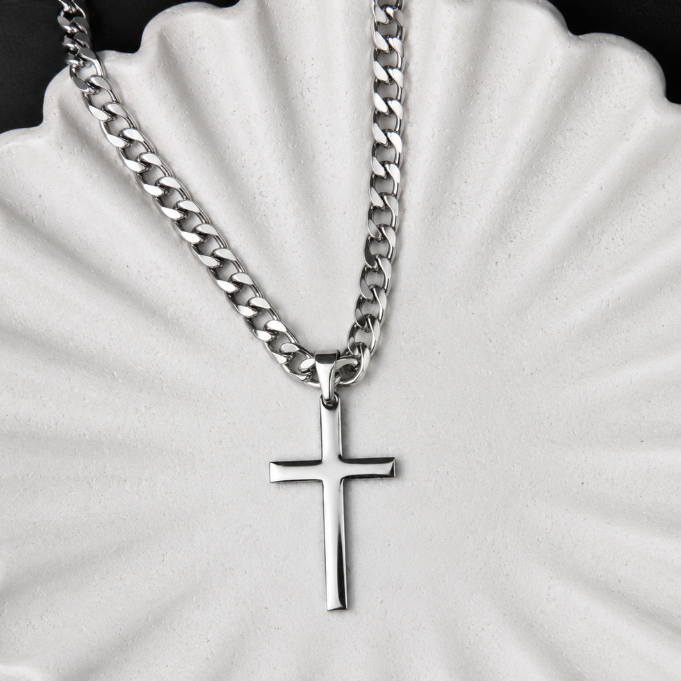 Collier à gros maillons en acier inoxydable, avec pendentif croix