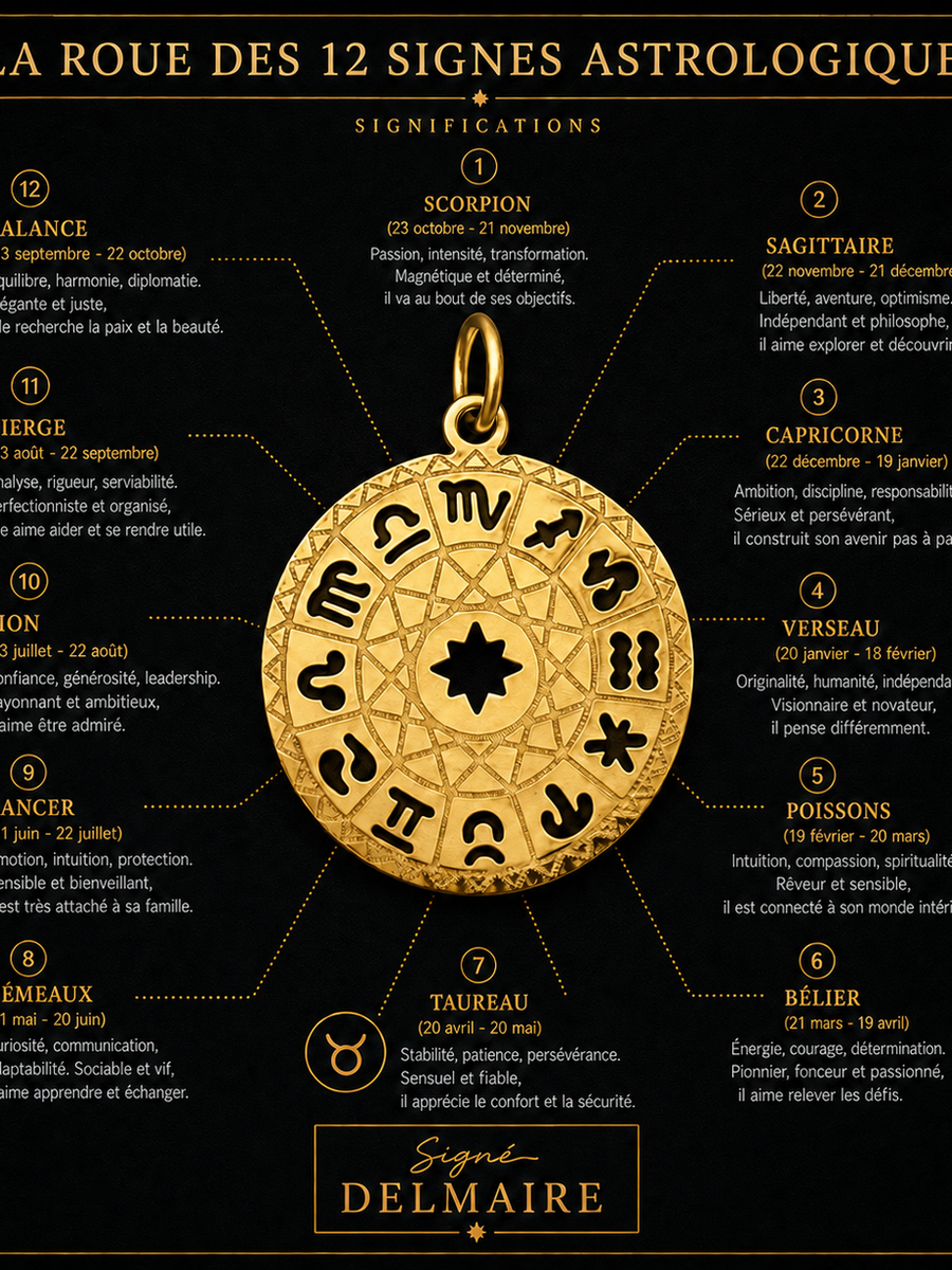 Chaine figaro avec pendentif roue zodiaque