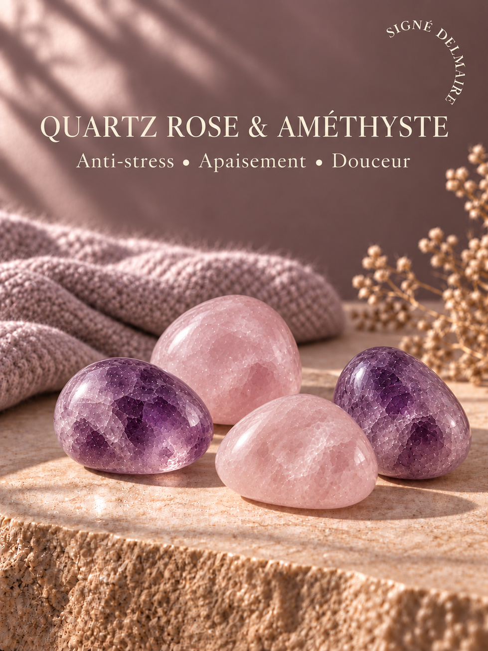 Bougie au parfum de rose et de lavande enrichie de Quartz rose et d'améthyste