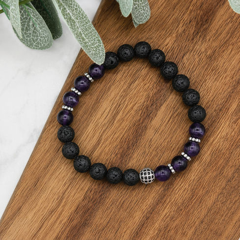 bracelet en améthyste, lave noire et perle en zircon micro pavé couleur argent