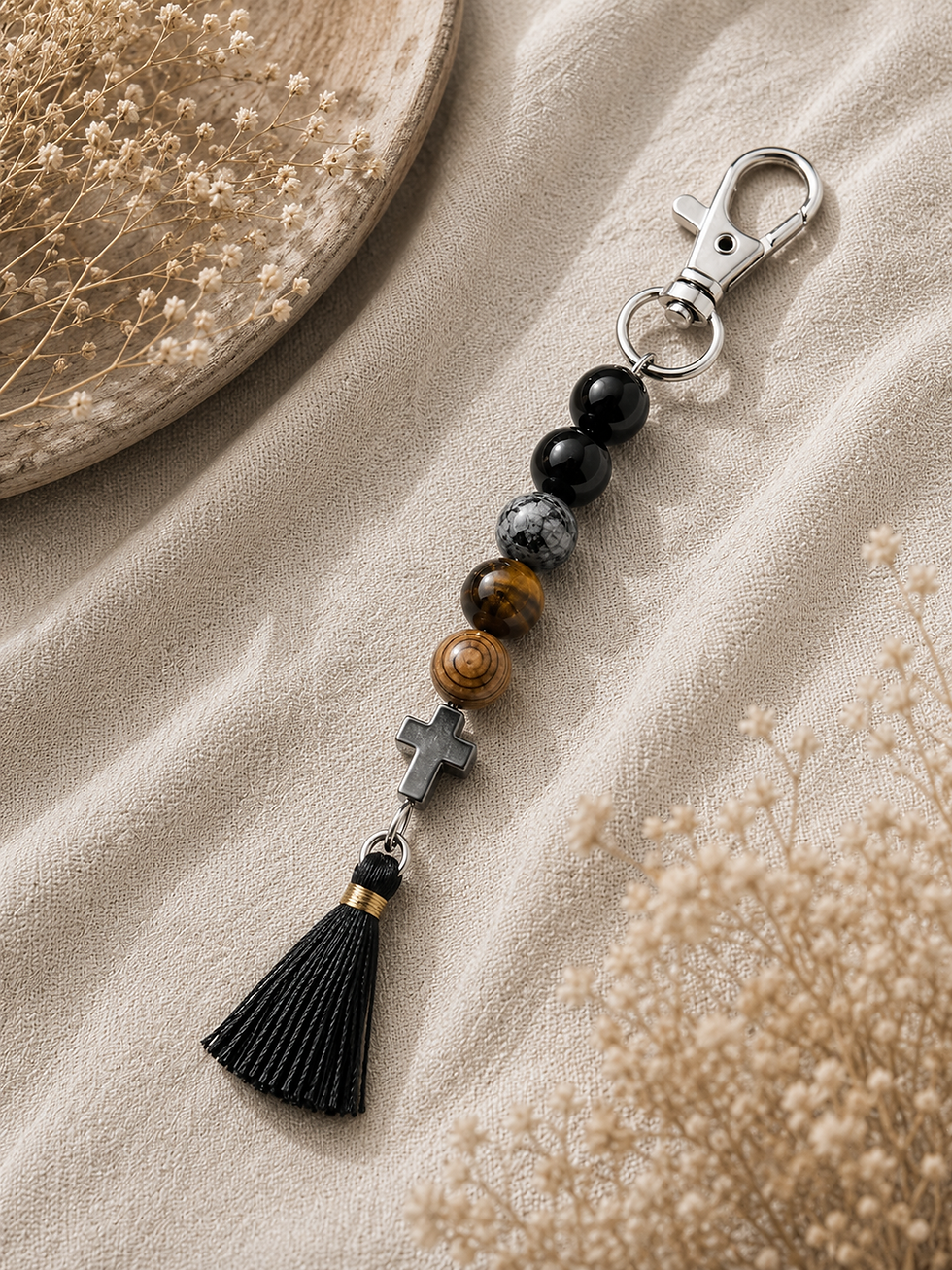 Porte-clés Sanctis, fait en oeil de tigre, labradorite, obsidienne