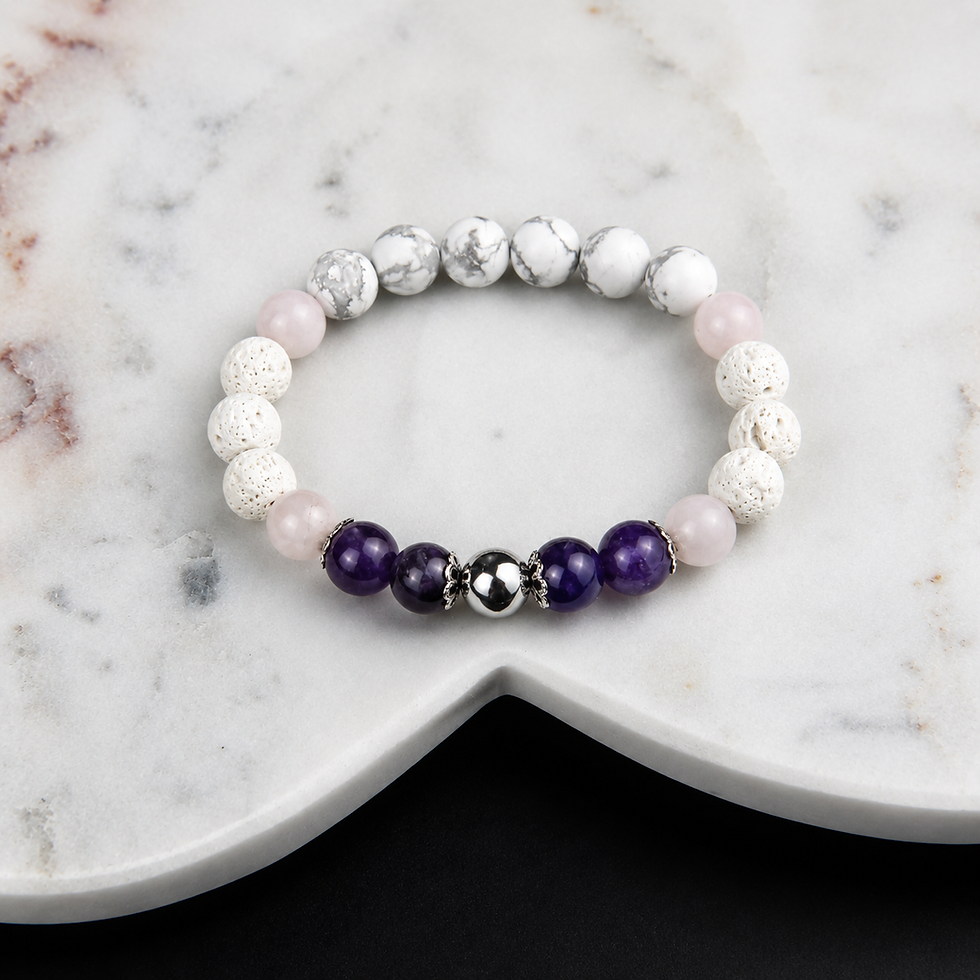 Bracelet en howlite, lave blanche, améthyste et quartz rose, avec perles en acier inoxydable