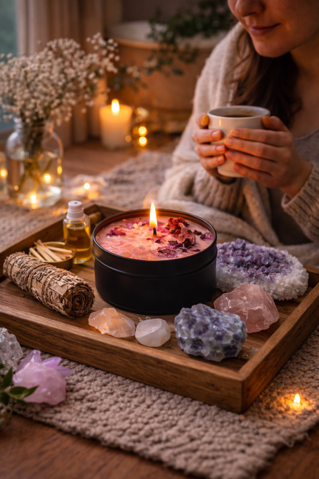 Rituel bougie enrichie de pierre précieuse