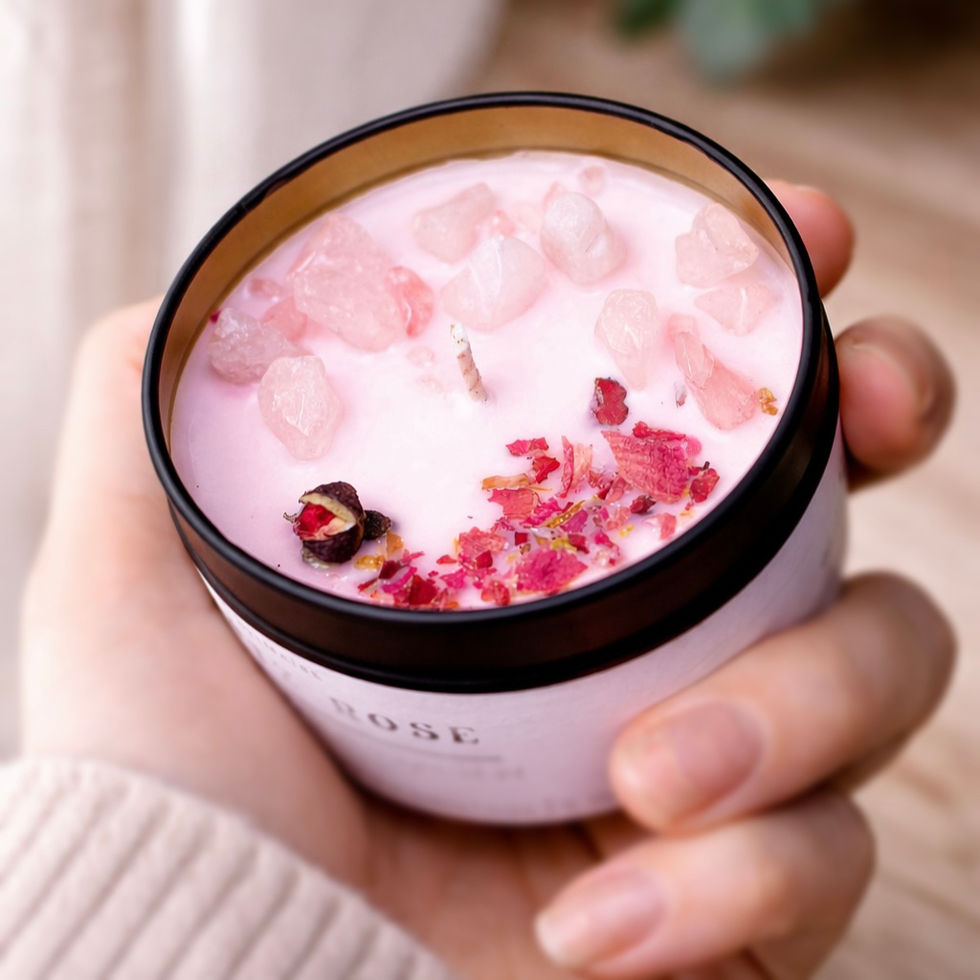 Bougie enrichie de cristaux, quartz rose, parfum de rose