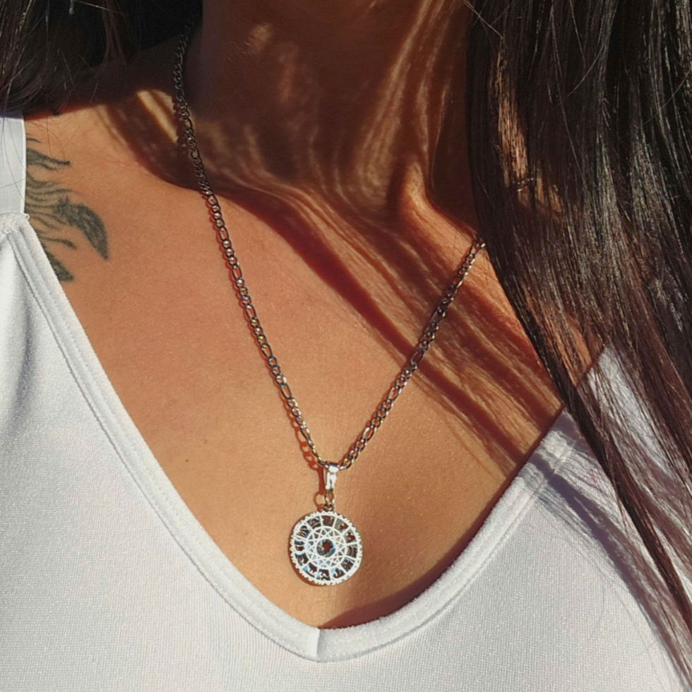 Détail du pendentif zodiaque en acier inoxydable sur chaîne figaro