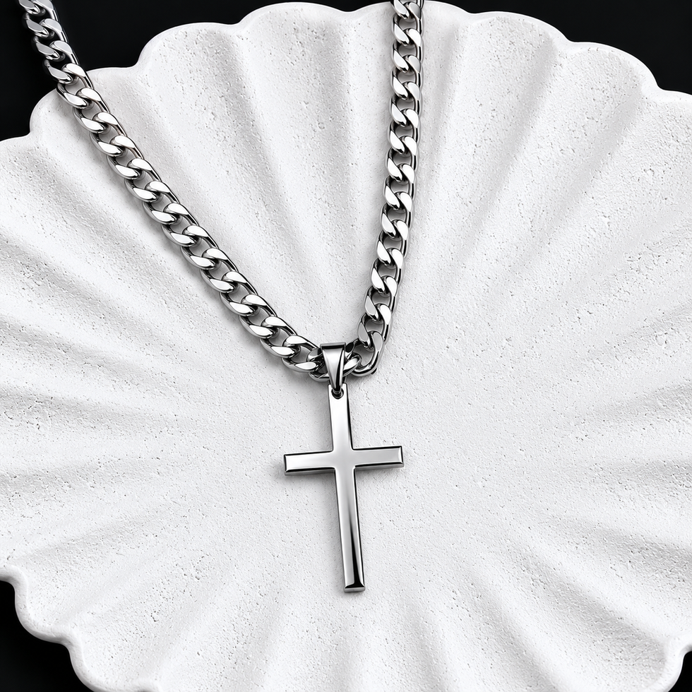 Collier à gros maillons en acier inoxydable, avec pendentif croix