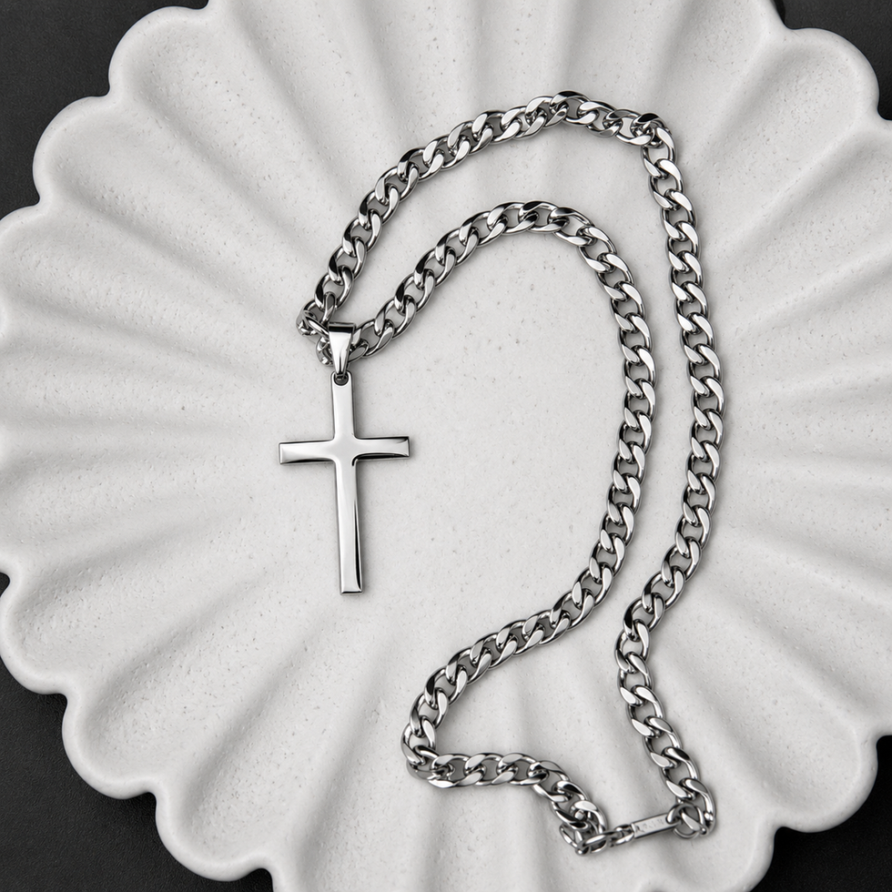 Collier à gros maillons en acier inoxydable, avec pendentif croix