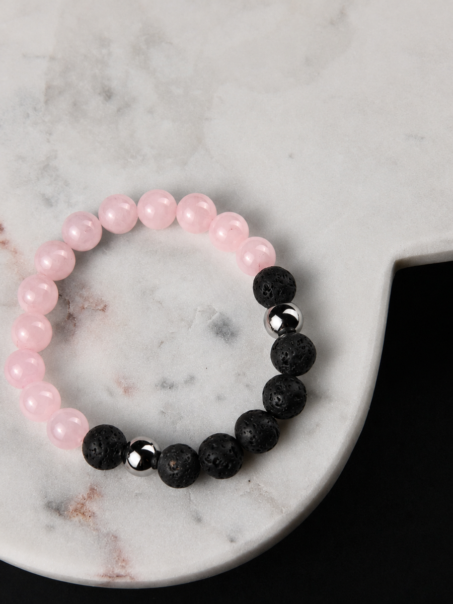 Bracelet en quartz rose et pierre de lave noire, bijou artisanal