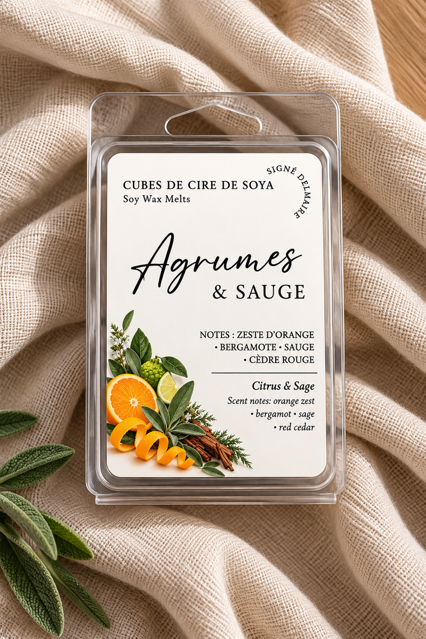 Agrumes & sauge – Cubes de cire de soya Zeste d’orange • Bergamote • Sauge • Cèdre rouge
